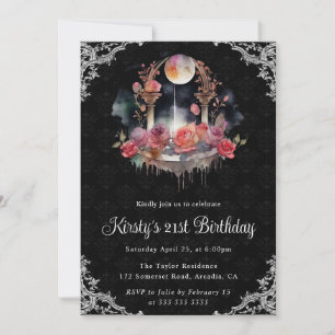 Watercolor Night Floral Fountain 21st Birthday Invitation