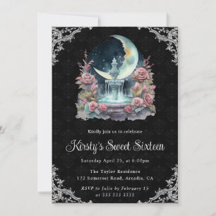 Watercolor Night Floral Fountain Sweet Sixteen Invitation