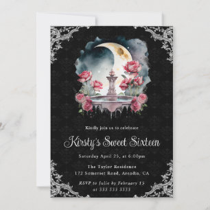 Watercolor Night Floral Fountain Sweet Sixteen Invitation