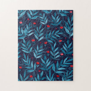 Watercolor night garden - turquoise, blue and red jigsaw puzzle