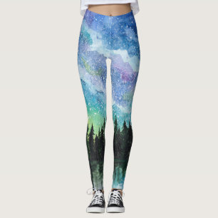 Watercolor night landscape, Milky Way Leggings