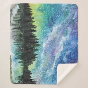 Watercolor night landscape, Milky Way Sherpa Blanket