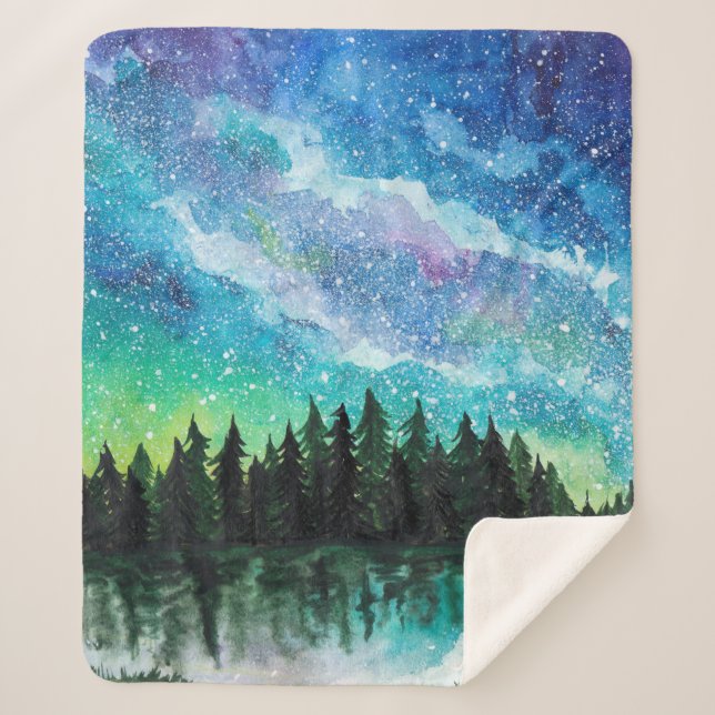 Watercolor night landscape Milky Way Sherpa Blanket (Front)
