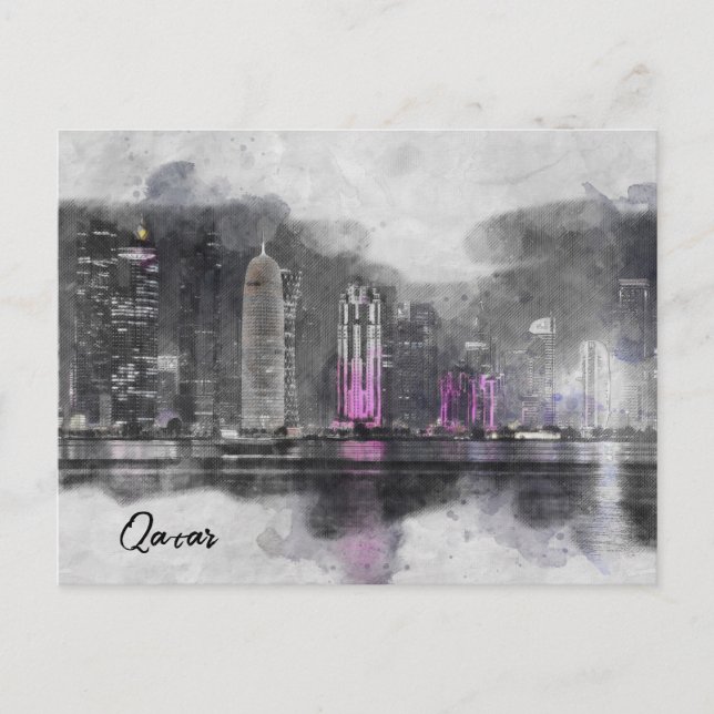 Watercolor Night Qatar Postcard – Arabian Holiday  (Front)
