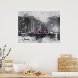 Watercolor Night Qatar Poster – Doha City Skyline 