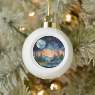 Watercolor Nightsky in the forest with Full Moon Ceramic Ball Christmas Ornament
