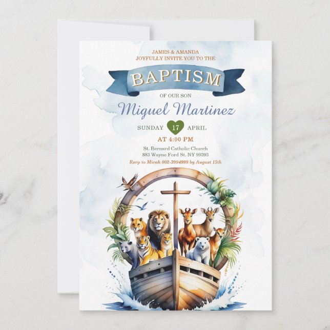 Watercolor Noah's Ark Safari Wood Cross Baptism Invitation (Front)