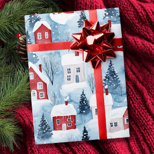 Watercolor Nordic Winter Houses Snow Christmas Wrapping Paper