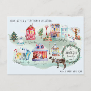 Watercolor North Pole Village Map Illustrated Postcard