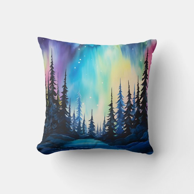 Watercolor Northern Lights aurora borealis Cushion (Front)