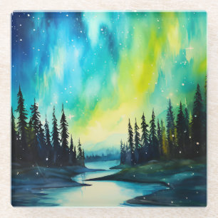 Watercolor Northern Lights aurora borealis  Glass Coaster