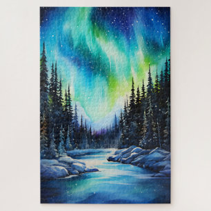 Watercolor Northern Lights aurora borealis  Jigsaw Puzzle