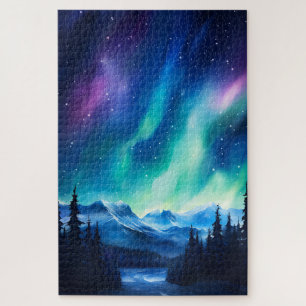Watercolor Northern Lights aurora borealis  Jigsaw Puzzle