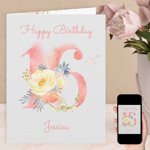 Watercolor Number 16 Personalised 15th Birthday Card