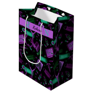 Watercolor Nurse Dr Medical Collage Teal Purple Medium Gift Bag