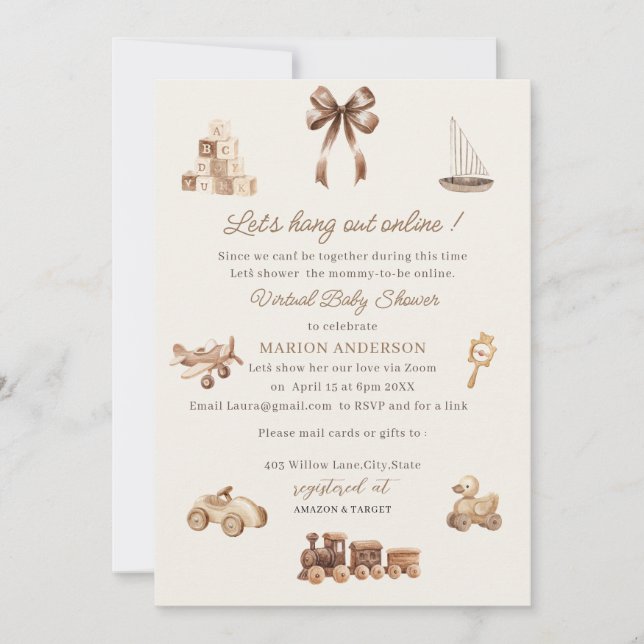 Watercolor Nursery beige toys Virtual Baby Shower Invitation (Front)