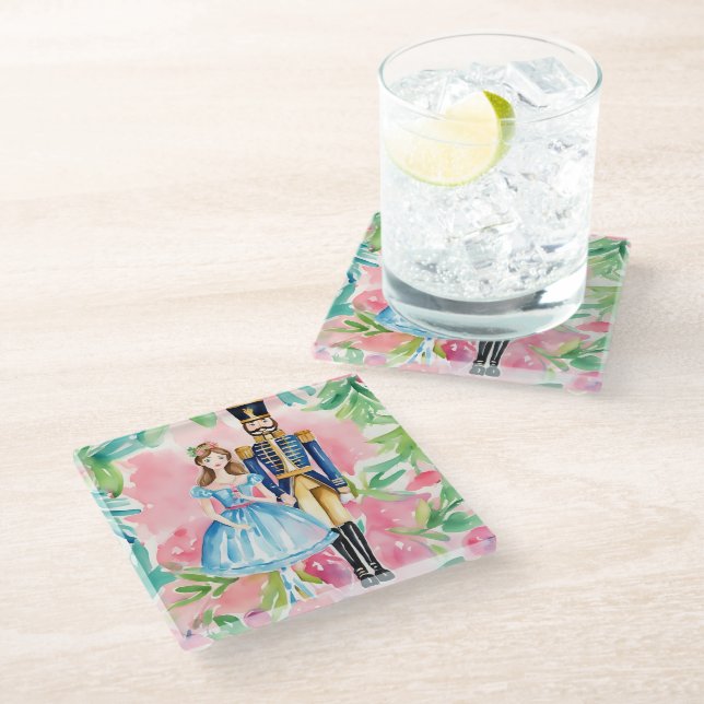 Watercolor Nutcracker and Clara Christmas Glass Coaster (Angled)