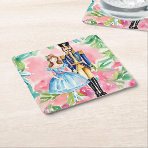 Watercolor Nutcracker and Clara Christmas Square Paper Coaster