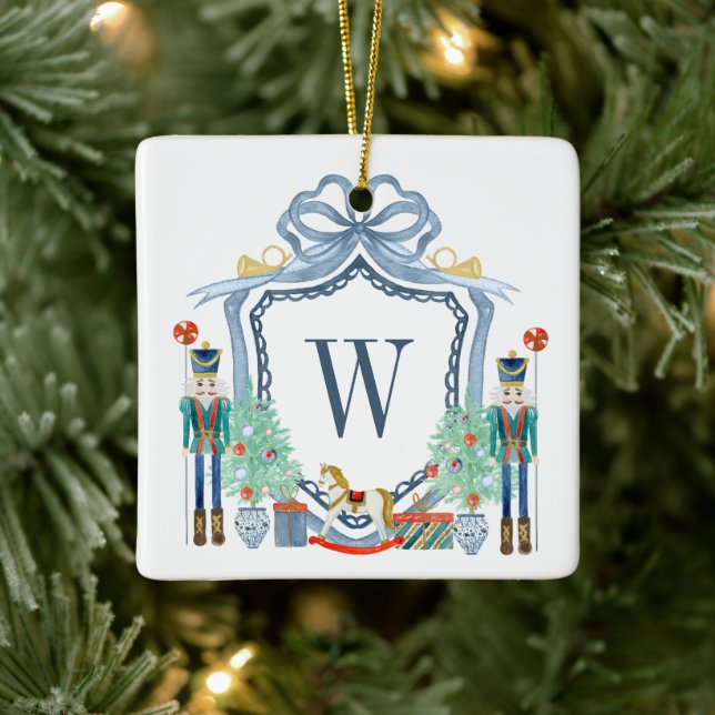 Watercolor Nutcracker Monogram Crest Christmas Ceramic Ornament (Tree)