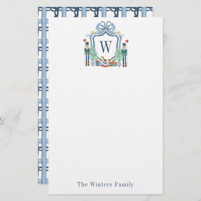 Watercolor Nutcracker Monogram Crest Christmas Stationery (Front/Back)