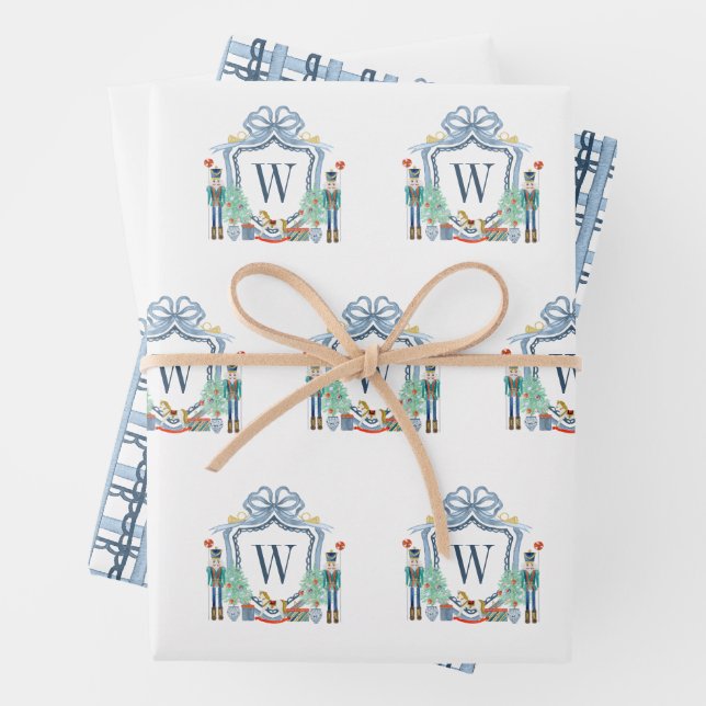 Watercolor Nutcracker Monogram Crest Christmas Wrapping Paper Sheet (In situ)