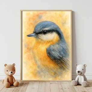 Watercolor Nuthatch Portrait Art Poster