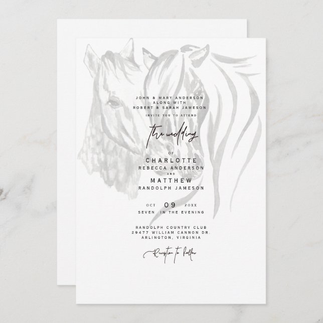 Watercolor Nuzzling Horses Wedding Invitation (Front/Back)