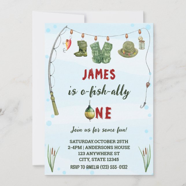 Watercolor O-Fish-Ally One Fishing Birthday Invitation (Front)