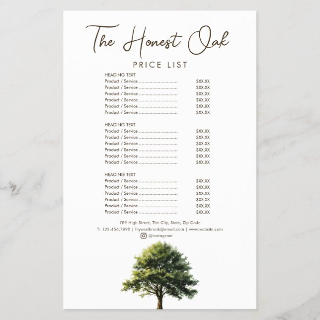 Watercolor Oak Tree Modern Elegant Service Menu (Front)