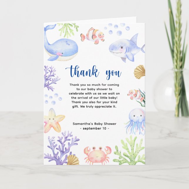 Watercolor ocean animals - thank you baby shower card (Front)