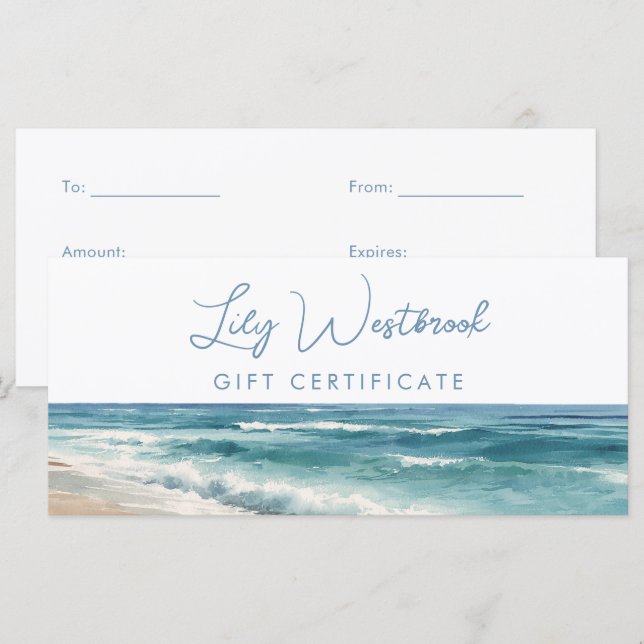 Watercolor Ocean Beach Elegant Gift Certificate (Front/Back)