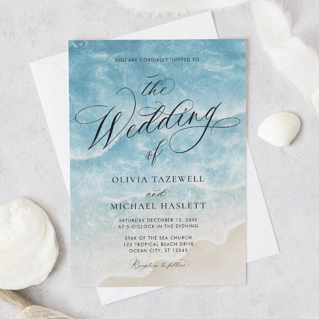 Watercolor Ocean Beach Elegant Script Wedding Invitation (Creator Uploaded)