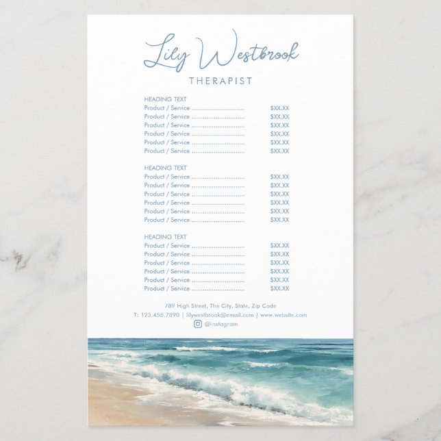 Watercolor Ocean Beach Therapist Service Menu (Front)