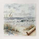 Watercolor Ocean Beach with Curled Paper Jigsaw Puzzle<br><div class="desc">A tranquil watercolor coastal scene features gentle waves lapping at a sandy shore,  bordered by tall grasses,  while a sailboat drifts on the distant horizon beneath a cloudy sky,  with a curled corner on the paper</div>