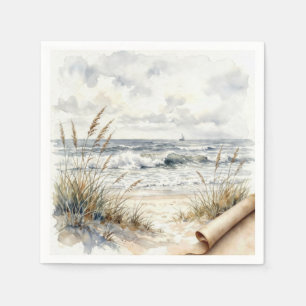 Watercolor Ocean Beach with Curled Paper Napkin