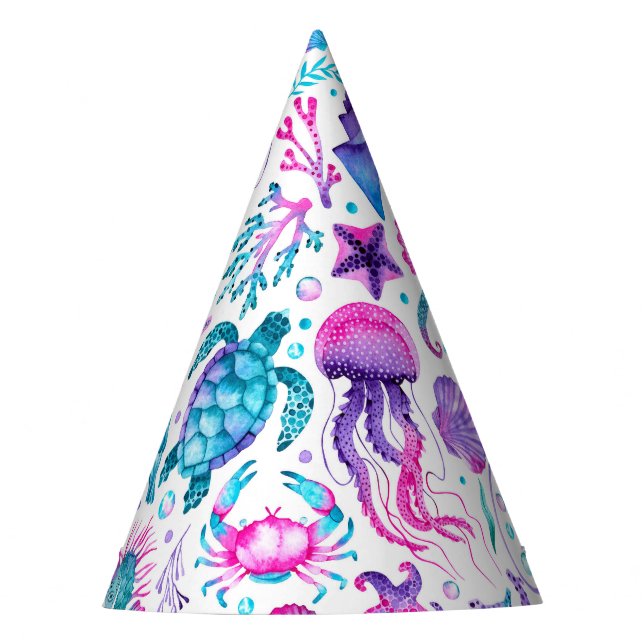 Watercolor Ocean Creatures Under the Sea Birthday Party Hat (Front)