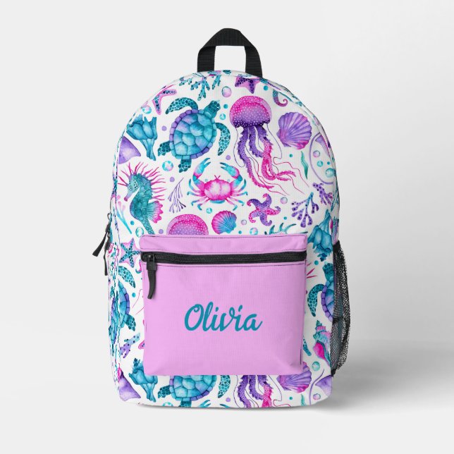 Watercolor Ocean Creatures Under the Sea Birthday Printed Backpack (Front)