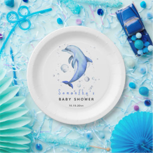 Watercolor ocean dolphin baby shower paper plate