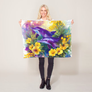 Watercolor Ocean Dolphins Tropical Flowers Fleece Blanket