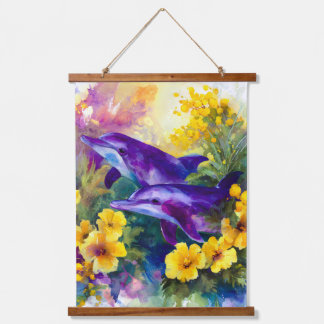 Watercolor Ocean Dolphins Tropical Flowers Hanging Tapestry