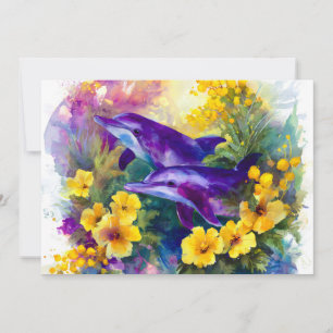 Watercolor Ocean Dolphins Tropical Flowers Holiday Card
