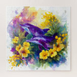 Watercolor Ocean Dolphins Tropical Flowers Jigsaw Puzzle<br><div class="desc">Two playful dolphins surrounded by radiant yellow flowers and lush greenery.</div>