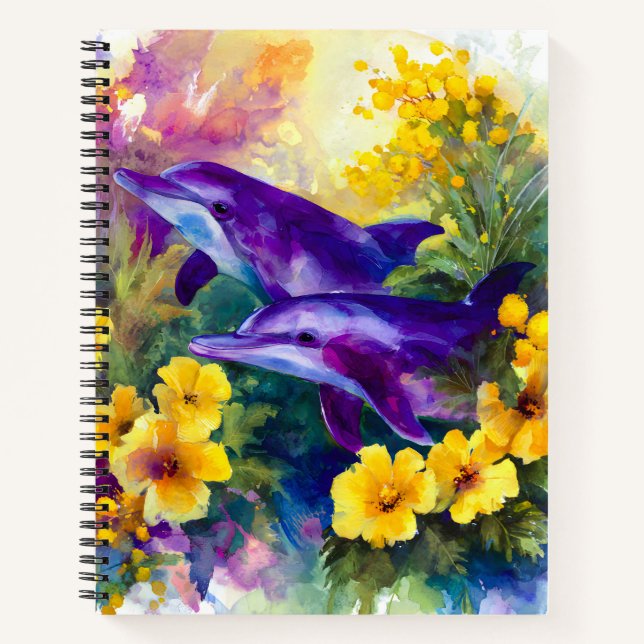 Watercolor Ocean Dolphins Tropical Flowers Notebook (Front)