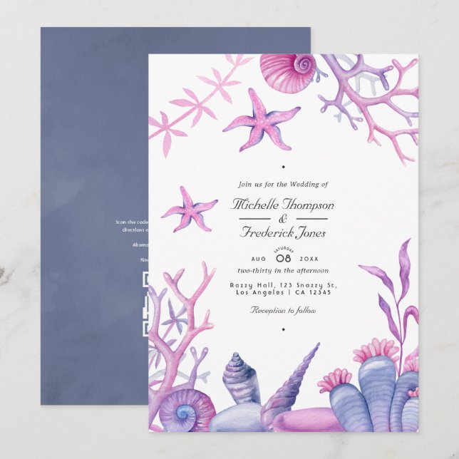 Watercolor Ocean Life QR Code Nautical Wedding  Invitation (Front/Back)