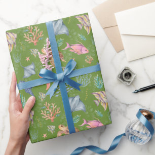 Watercolor Ocean Life Textured Avocado Wrapping Paper