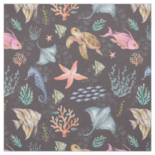 Watercolor Ocean Life Textured Dark Brown Fabric