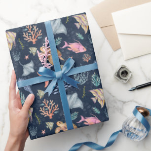 Watercolor Ocean Life Textured Navy Blue Wrapping Paper