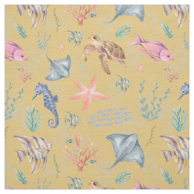 Watercolor Ocean Life Textured Yellow Fabric (Swatch)