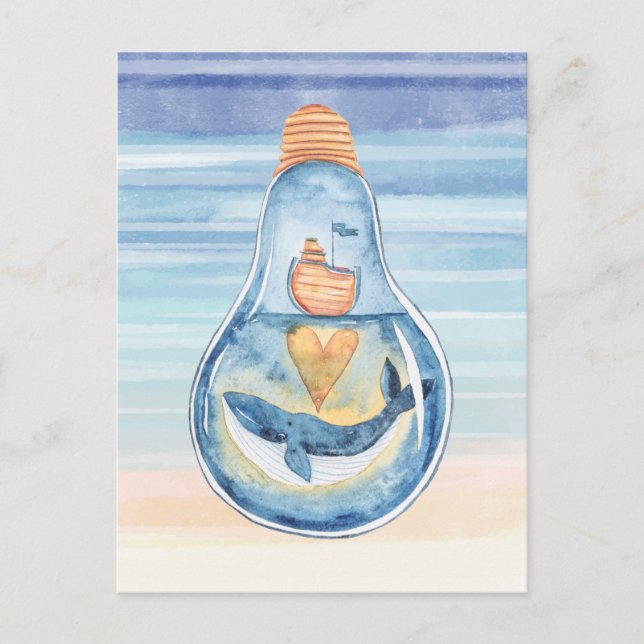Watercolor Ocean Light bulb Humpback Whale Ship Postcard (Front)