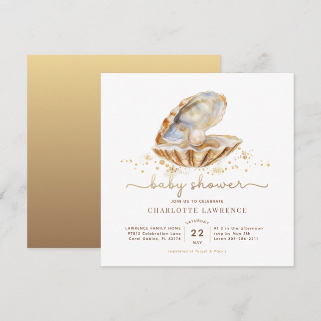 Watercolor Ocean Little Pearl Baby Shower  Invitation (Front/Back)
